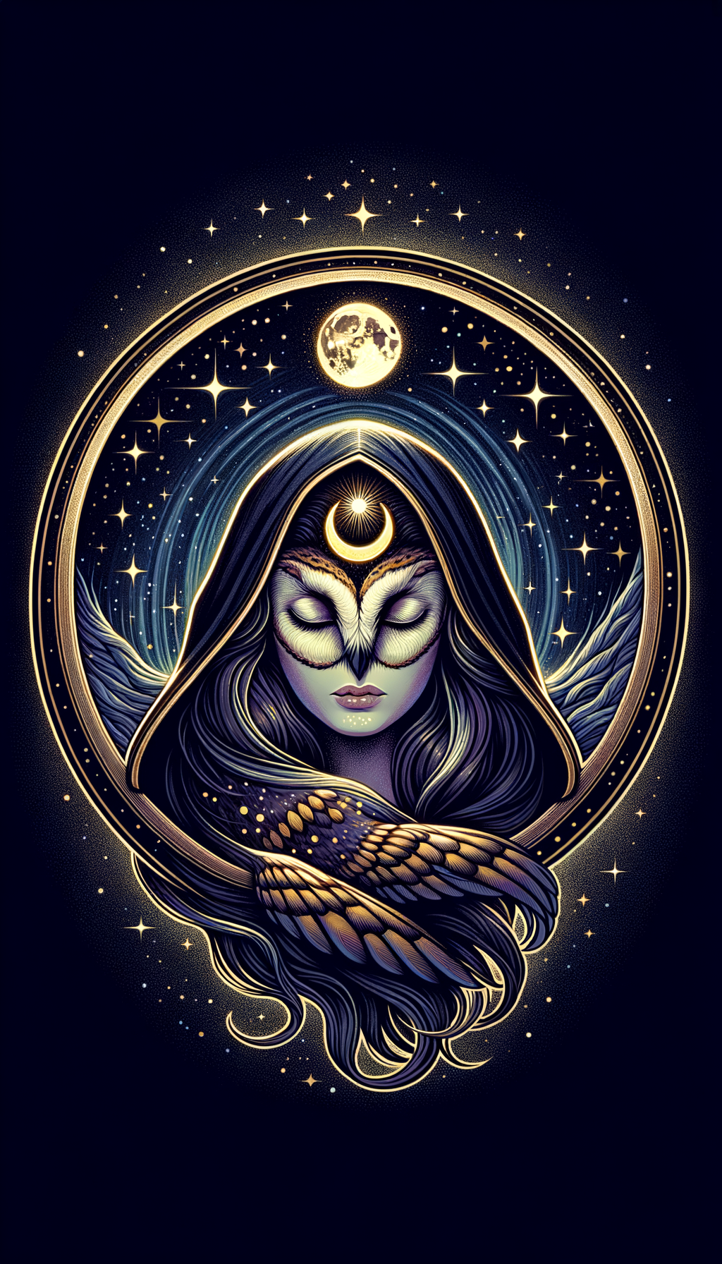 Nyx — a hooded feminine figure with an owl's serene face at her own, a crescent moon on her brow, framed in a circle of stars and gold.